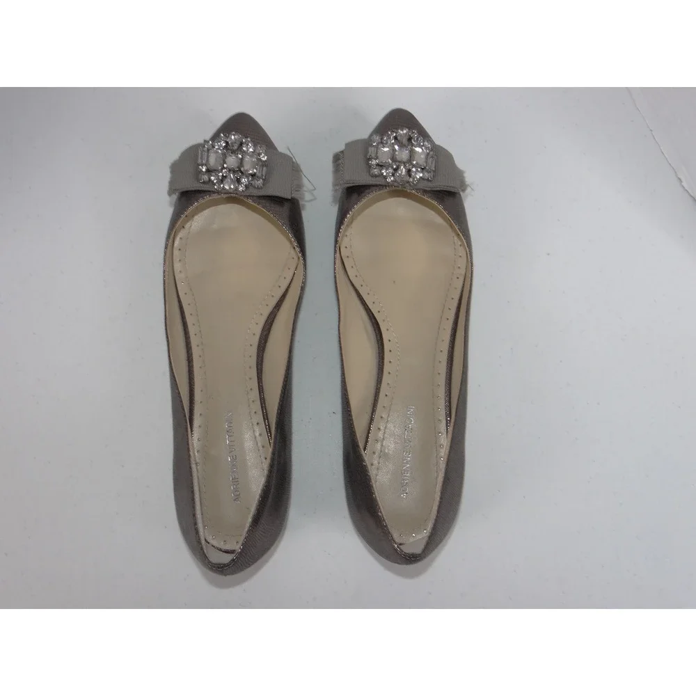 Adrienne Vittadini Womens Pewter Metallic Snakeskin Crystal Bow Flats Size 10